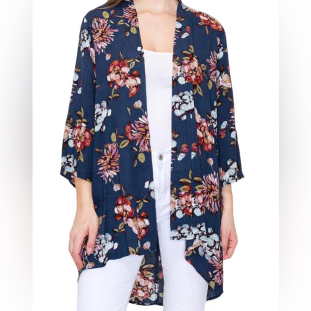 Clover Floral Kimono Cardigan Pink Navy